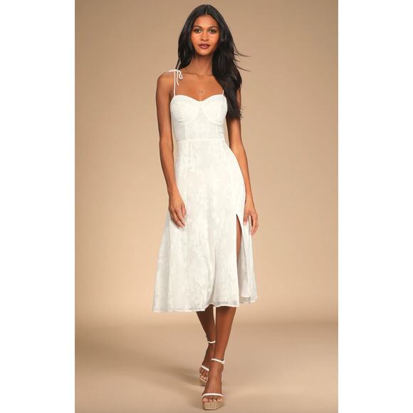 Lulus Loveliest Looks White Floral Jacquard Tie-Strap Midi Dress Medium NWT - Picture 1 of 13